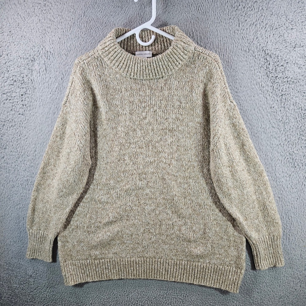 Susan Graver Womens XL Tan Marled Knit Mock Neck Pullover Sweater Long Sleeve